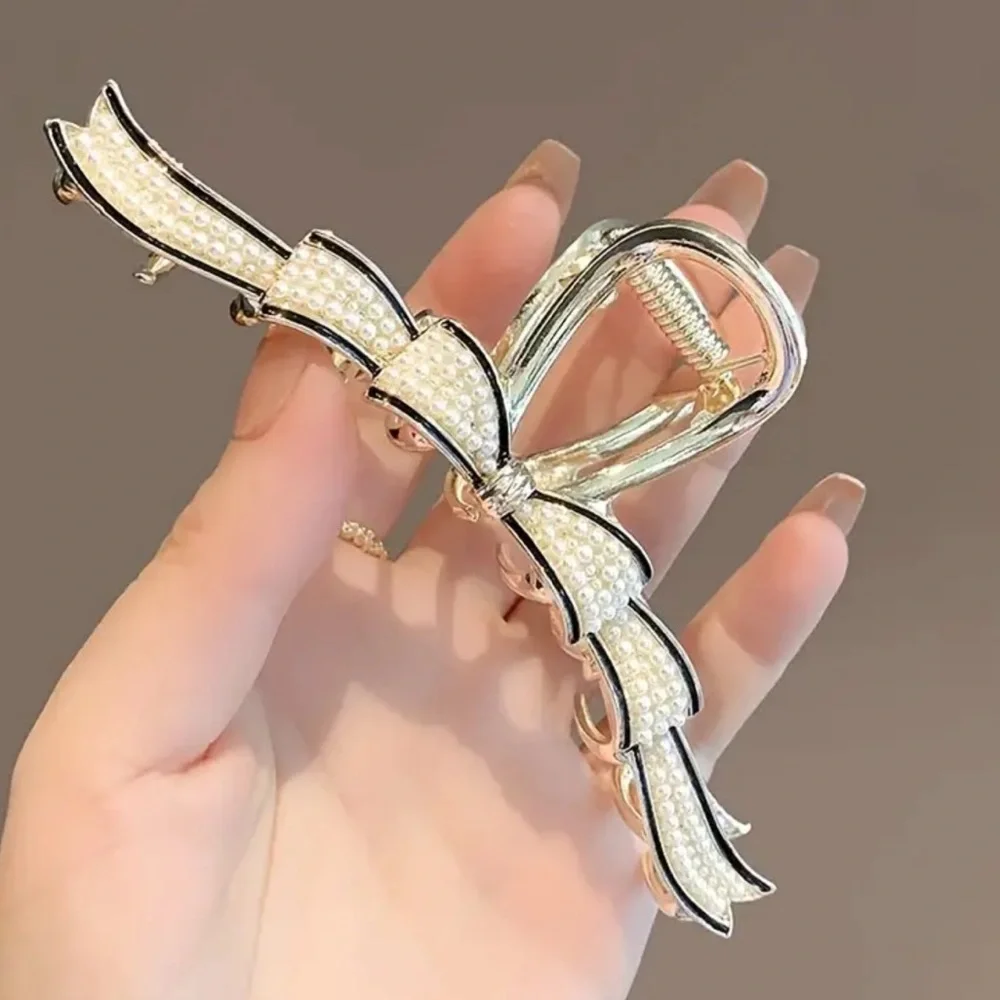 NEW Beautiful Luxury Gold Black Bow Crystal Pearl Hair Clip